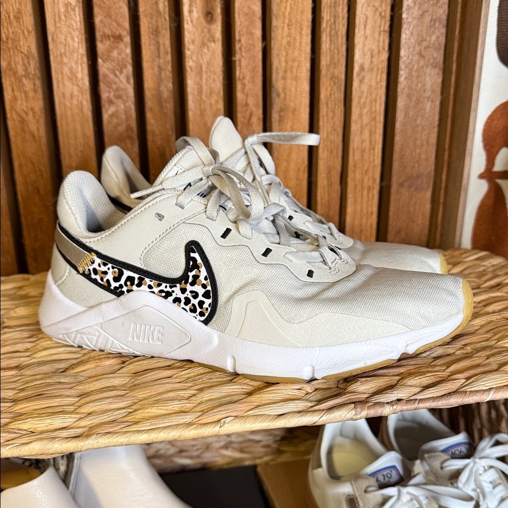 Nike Women's Cream and Black Sneakers with Leopard Print